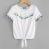 SHEIN Franja Detalhe Nó Frente Tee 2018 Verão Casual Mulheres Branco Bonito Camiseta Em Torno Do Pescoço Manga Curta Regular Fit Camiseta
