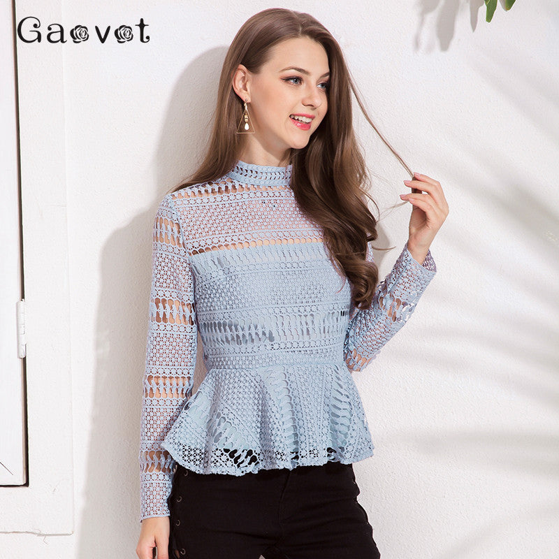 Gaovot 2018 Spring Women Blouse Shirt Series High Collar Lace Hollow Out Sexy Blusas Peplum Back Zipper Adjust Tops SA0363669
