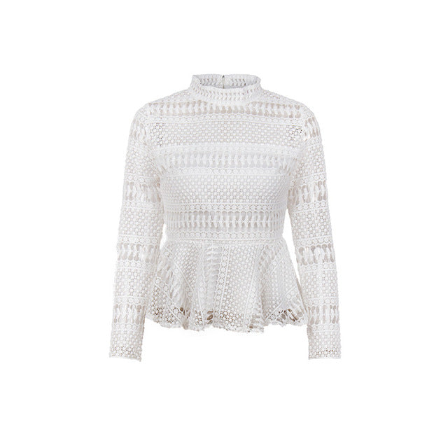 Gaovot 2018 Spring Women Blouse Shirt Series High Collar Lace Hollow Out Sexy Blusas Peplum Back Zipper Adjust Tops SA0363669