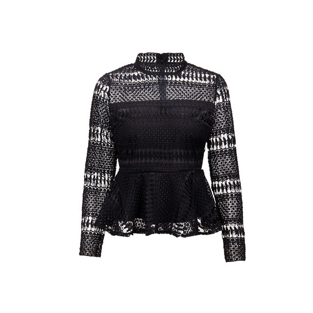 Gaovot 2018 ربيع المرأة بلوزة قميص سلسلة عالية طوق تفريغ الدانتيل مثير Blusas Peplum عودة زيبر ضبط القمم SA0363669