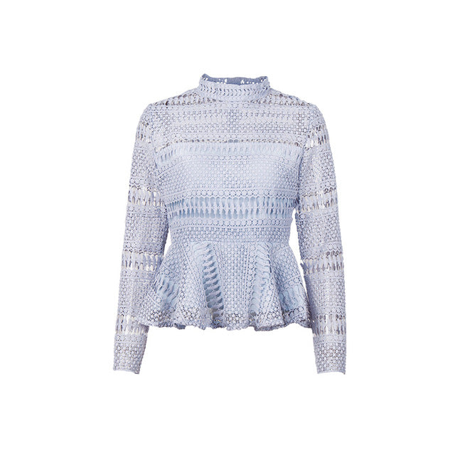 Gaovot 2018 Spring Women Blouse Shirt Series High Collar Lace Hollow Out Sexy Blusas Peplum Back Zipper Adjust Tops SA0363669