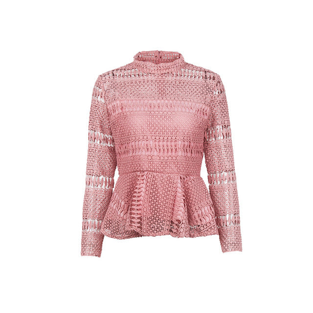 Gaovot 2018 Spring Women Blouse Shirt Series High Collar Lace Hollow Out Sexy Blusas Peplum Back Zipper Adjust Tops SA0363669