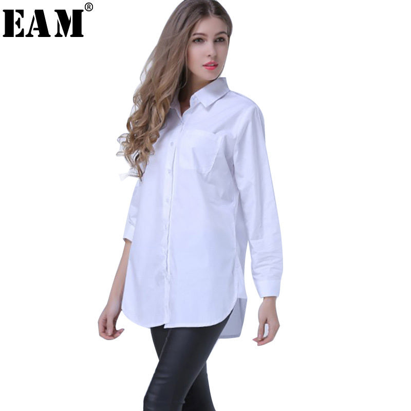 [EAM] 2018 Spring Lapel Fashion New Long Sleeves Solid Color Blue Striped Long Paragraph Loose Women Shirt Tide G01605