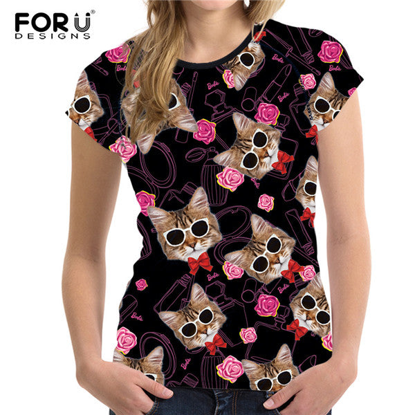 FORUDESIGNS Black 3D Cat Animal Women Casual T Shirt Brand Clothing Women Short Sleeved Breathable Tshirt Female Fitness Tops