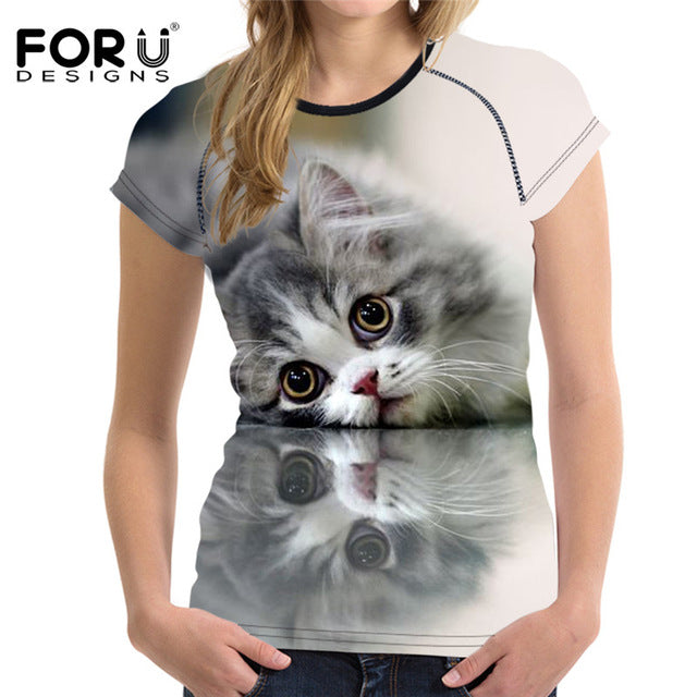 FORUDESIGNS Black 3D Cat Animal Women Casual T Shirt Brand Clothing Women Short Sleeved Breathable Tshirt Female Fitness Tops