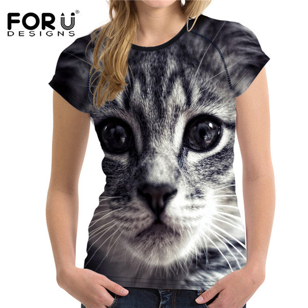 FORUDESIGNS Black 3D Cat Animal Women Casual T Shirt Brand Clothing Women Short Sleeved Breathable Tshirt Female Fitness Tops