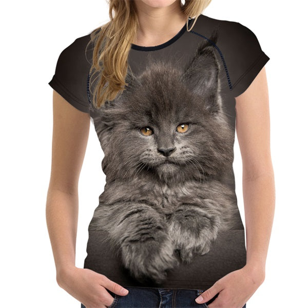 FORUDESIGNS Black 3D Cat Animal Women Casual T Shirt Brand Clothing Women Short Sleeved Breathable Tshirt Female Fitness Tops