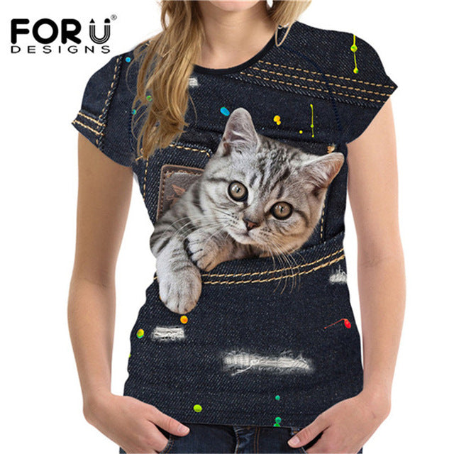 FORUDESIGNS Black 3D Cat Animal Women Casual T Shirt Brand Clothing Women Short Sleeved Breathable Tshirt Female Fitness Tops