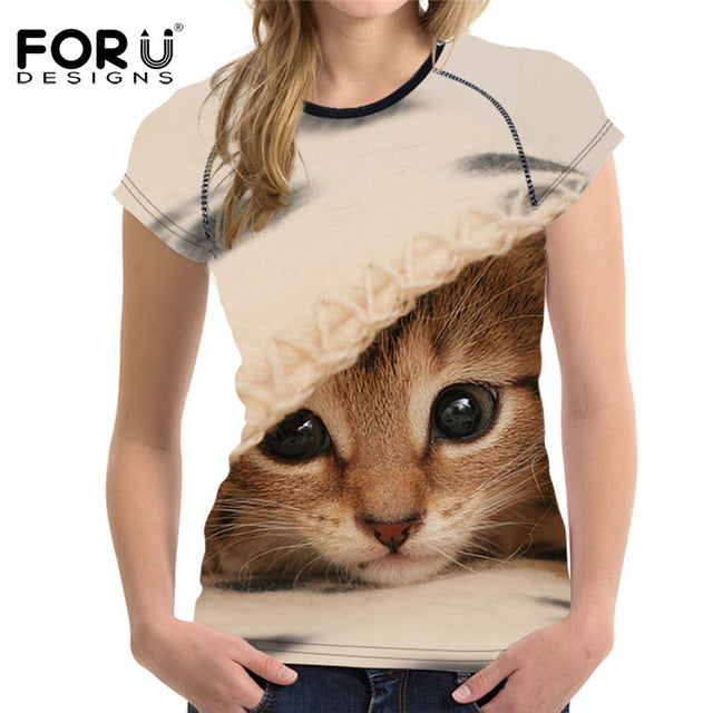 FORUDESIGNS Black 3D Cat Animal Women Casual T Shirt Brand Clothing Women Short Sleeved Breathable Tshirt Female Fitness Tops