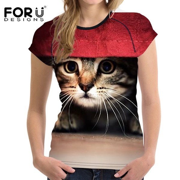 FORUDESIGNS Black 3D Cat Animal Women Casual T Shirt Brand Clothing Women Short Sleeved Breathable Tshirt Female Fitness Tops