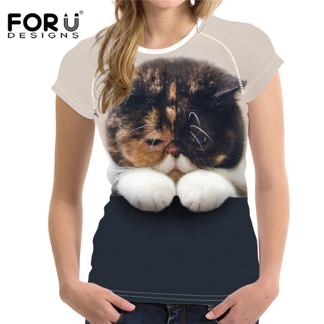 FORUDESIGNS Black 3D Cat Animal Women Casual T Shirt Brand Clothing Women Short Sleeved Breathable Tshirt Female Fitness Tops