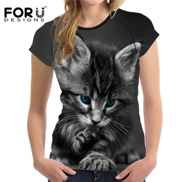 FORUDESIGNS Black 3D Cat Animal Women Casual T Shirt Brand Clothing Women Short Sleeved Breathable Tshirt Female Fitness Tops