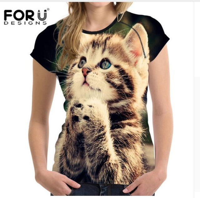 FORUDESIGNS Black 3D Cat Animal Women Casual T Shirt Brand Clothing Women Short Sleeved Breathable Tshirt Female Fitness Tops