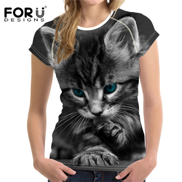 FORUDESIGNS Black 3D Cat Animal Women Casual T Shirt Brand Clothing Women Short Sleeved Breathable Tshirt Female Fitness Tops
