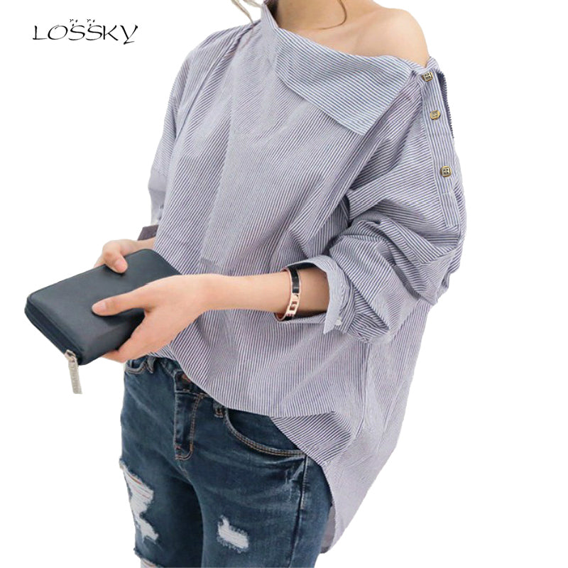 Women Striped Blouses Sexy Skew Collar Batwing Long Sleeve Loose Blue Blouse 2018 Women Spring Button Casual Shirt Tops Bts Kpop