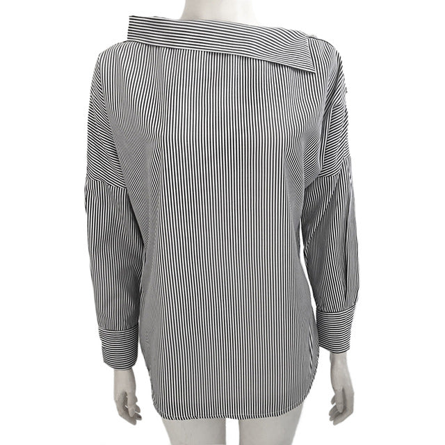 Women Striped Blouses Sexy Skew Collar Batwing Long Sleeve Loose Blue Blouse 2018 Women Spring Button Casual Shirt Tops Bts Kpop
