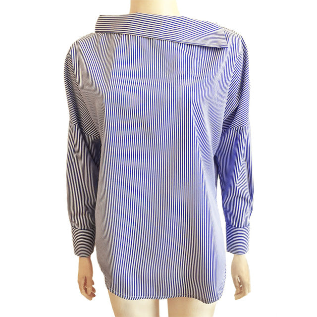 Women Striped Blouses Sexy Skew Collar Batwing Long Sleeve Loose Blue Blouse 2018 Women Spring Button Casual Shirt Tops Bts Kpop