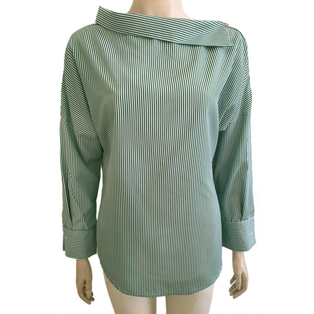 Women Striped Blouses Sexy Skew Collar Batwing Long Sleeve Loose Blue Blouse 2018 Women Spring Button Casual Shirt Tops Bts Kpop