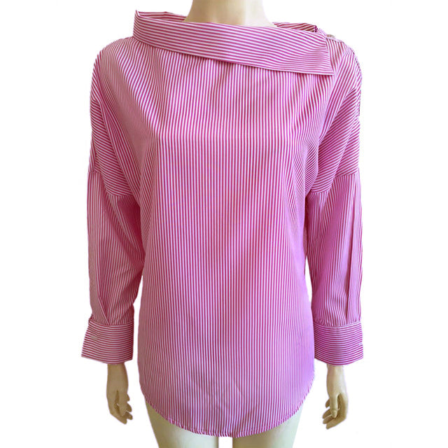 Women Striped Blouses Sexy Skew Collar Batwing Long Sleeve Loose Blue Blouse 2018 Women Spring Button Casual Shirt Tops Bts Kpop