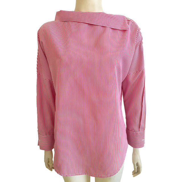 Women Striped Blouses Sexy Skew Collar Batwing Long Sleeve Loose Blue Blouse 2018 Women Spring Button Casual Shirt Tops Bts Kpop