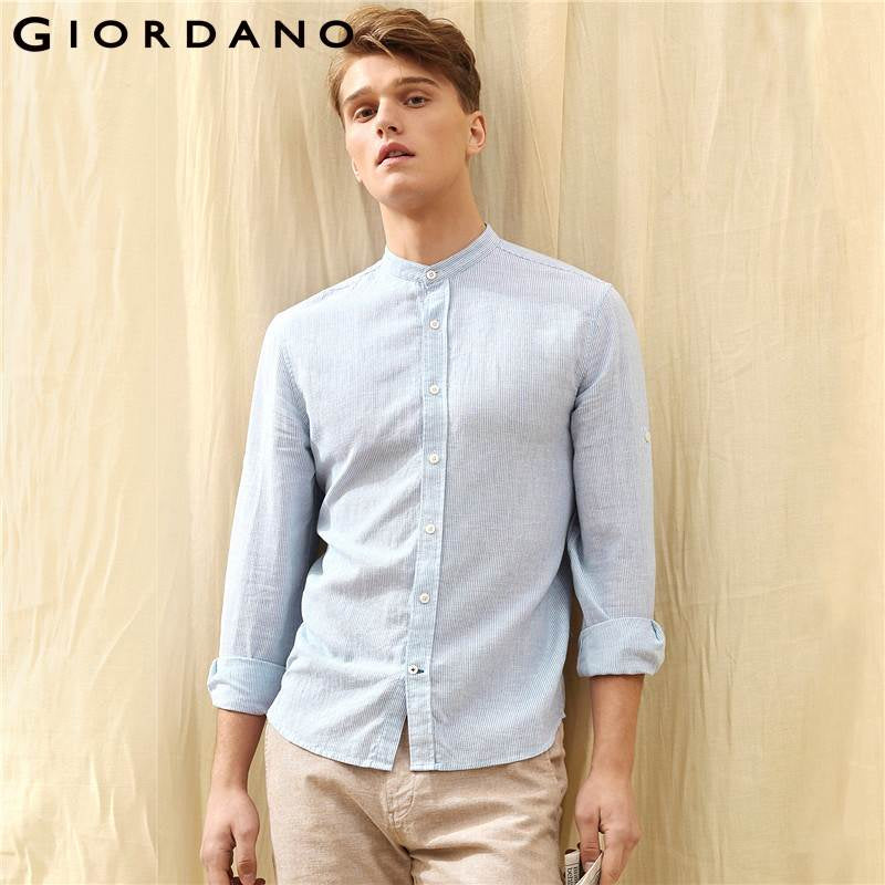 Giordano Men Linen Cotton Shirt Mandarin Collar Shirts Men Camisas Para Hombre Quality Long Sleeve Blouse Male