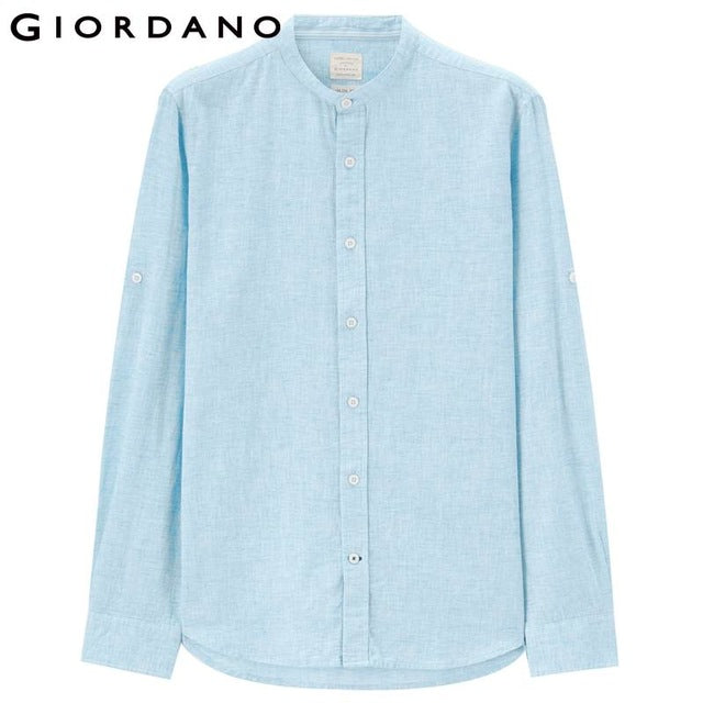 Giordano Men Linen Cotton Shirt Mandarin Collar Shirts Men Camisas Para Hombre Quality Long Sleeve Blouse Male