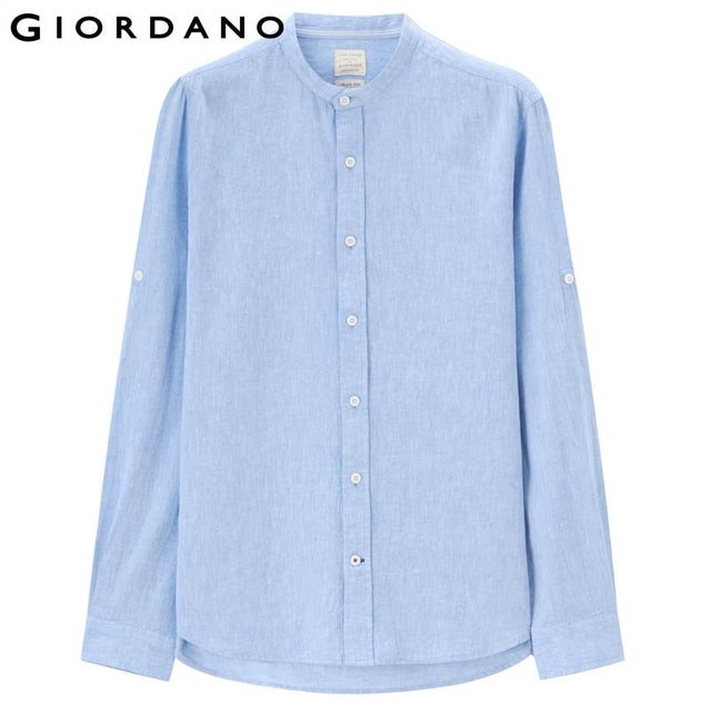 Giordano Men Linen Cotton Shirt Mandarin Collar Shirts Men Camisas Para Hombre Quality Long Sleeve Blouse Male