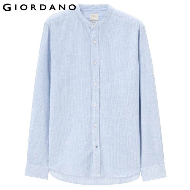 Giordano Men Linen Cotton Shirt Mandarin Collar Shirts Men Camisas Para Hombre Quality Long Sleeve Blouse Male