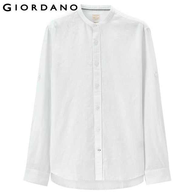 Giordano Men Linen Cotton Shirt Mandarin Collar Shirts Men Camisas Para Hombre Quality Long Sleeve Blouse Male