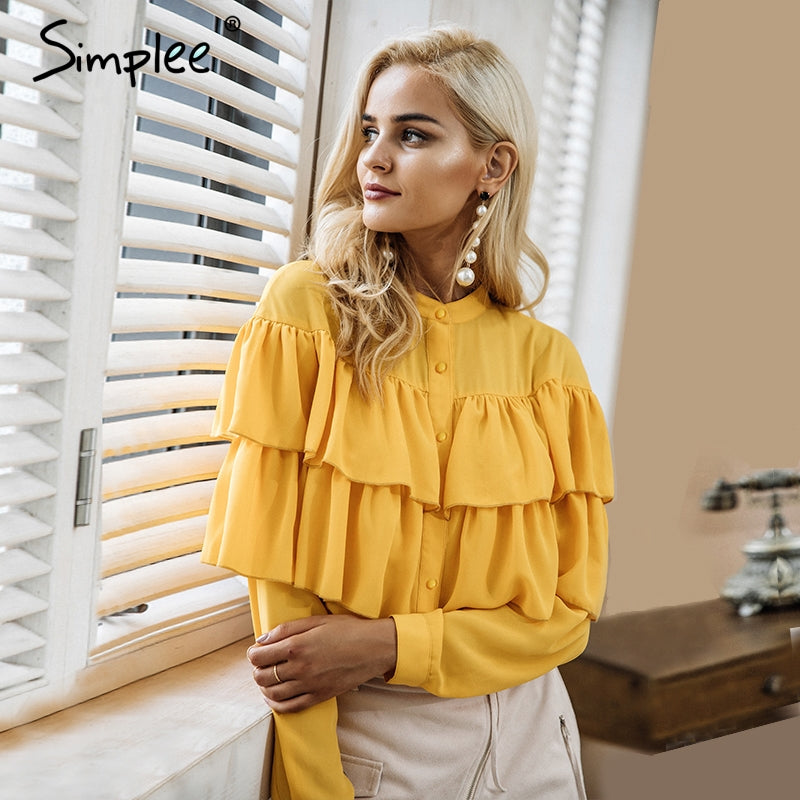 Simplee elegante babados blusa branca camisa feminina topos 2018 manga longa legal verão blusa casual blusas chemise femme blusas novo