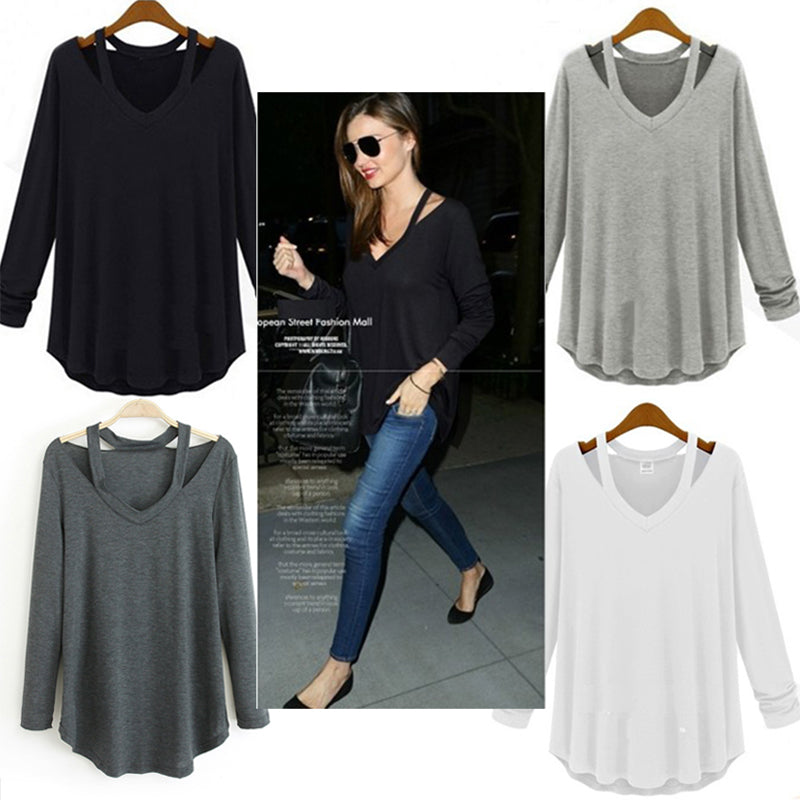 Camiseta de manga comprida feminina rasgada com decote em v bandagem casual sexy camisa feminina senhora solta básica feminina topos plus size