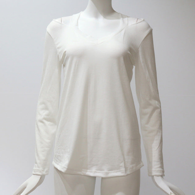 Camiseta de manga comprida feminina rasgada com decote em v bandagem casual sexy camisa feminina senhora solta básica feminina topos plus size