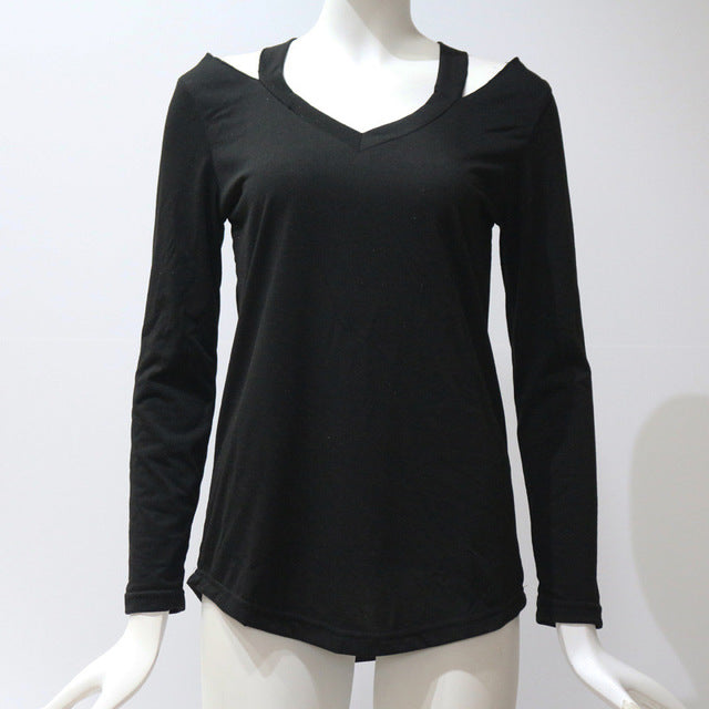 Camiseta de manga comprida feminina rasgada com decote em v bandagem casual sexy camisa feminina senhora solta básica feminina topos plus size