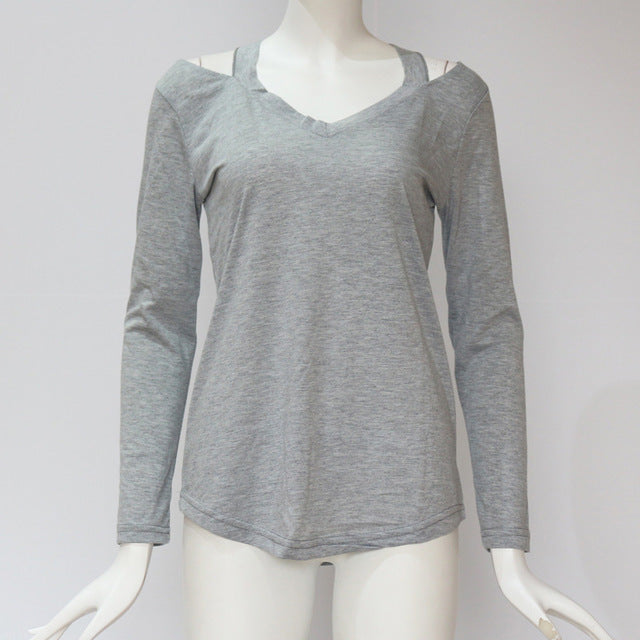 Camiseta de manga comprida feminina rasgada com decote em v bandagem casual sexy camisa feminina senhora solta básica feminina topos plus size