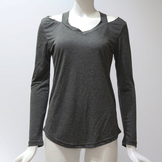 Camiseta de manga comprida feminina rasgada com decote em v bandagem casual sexy camisa feminina senhora solta básica feminina topos plus size