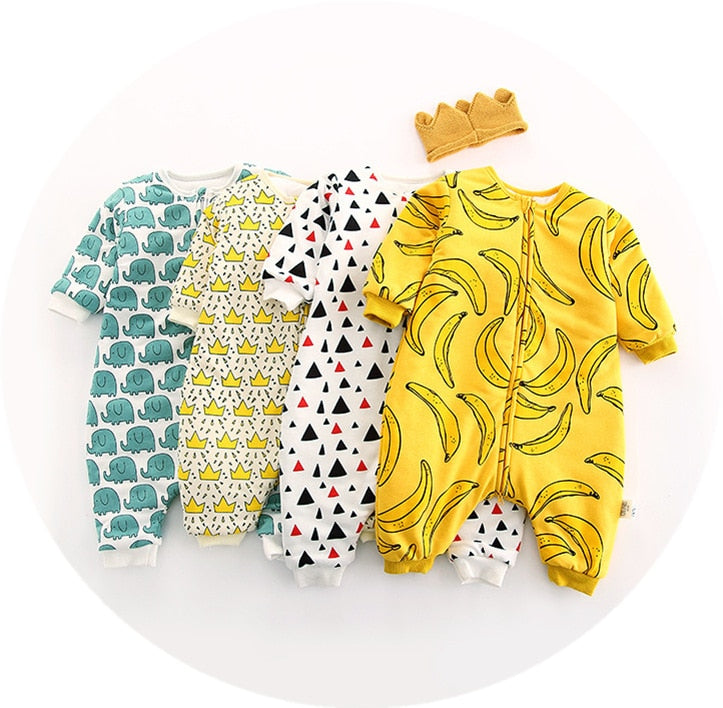 Varejo 1 peça macacão de bebê recém-nascido algodão macio duplo zíper 4 cores coroa banana infantil roupas da criança do bebê macacões longos
