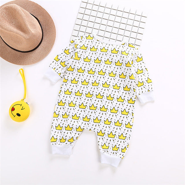 Varejo 1 peça macacão de bebê recém-nascido algodão macio duplo zíper 4 cores coroa banana infantil roupas da criança do bebê macacões longos