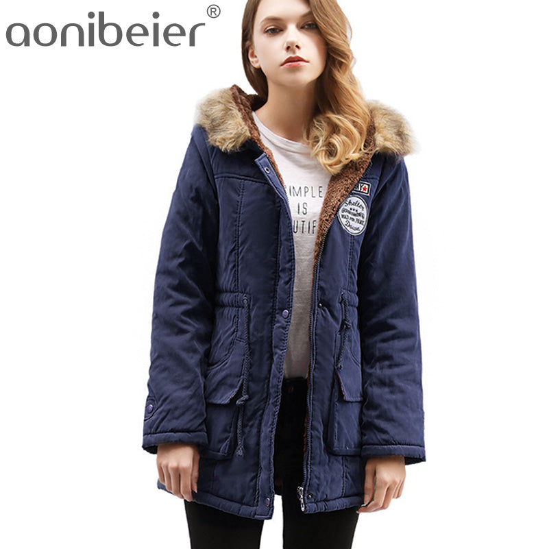 Aonibeier parkas mulheres casacos moda outono quente inverno jaquetas gola de pele longo parka plus size hoodies algodão outwear