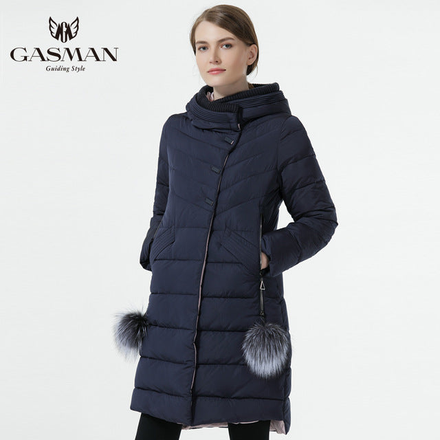 GASMAN 2018 Winter Women Down Jacket Medium Length Female Thick Warm Hooded Down Parka Windproof Overcoat With Natural Fur Ball