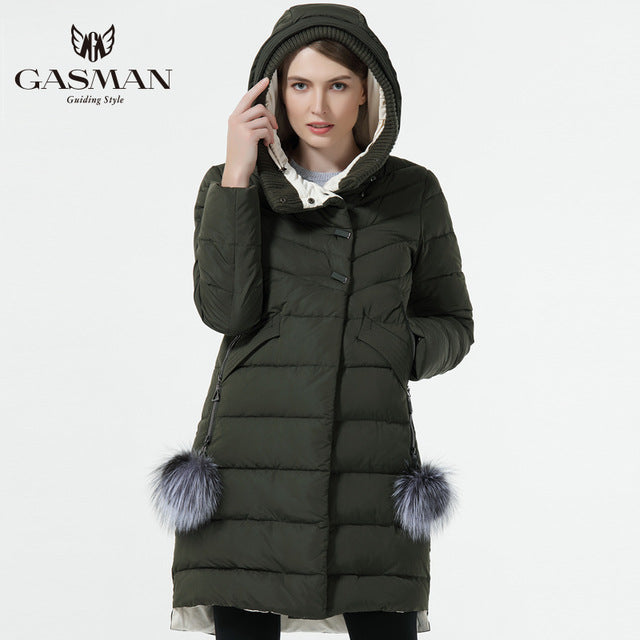 GASMAN 2018 Winter Women Down Jacket Medium Length Female Thick Warm Hooded Down Parka Windproof Overcoat With Natural Fur Ball