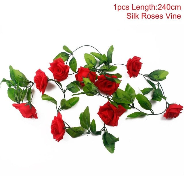 FENGRISE 2.4M/lot Silk Rose Flower With Ivy Vine Artificial Flowers for Home Wedding Decor Decorative Artificial Flower Garland