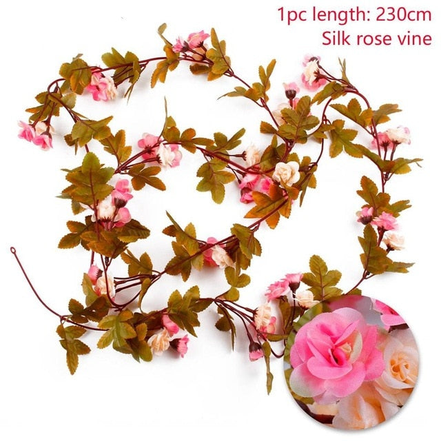 FENGRISE 2.4M/lot Silk Rose Flower With Ivy Vine Artificial Flowers for Home Wedding Decor Decorative Artificial Flower Garland