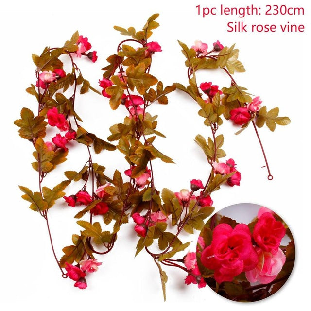 FENGRISE 2.4M/lot Silk Rose Flower With Ivy Vine Artificial Flowers for Home Wedding Decor Decorative Artificial Flower Garland