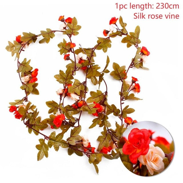 FENGRISE 2.4M/lot Silk Rose Flower With Ivy Vine Artificial Flowers for Home Wedding Decor Decorative Artificial Flower Garland