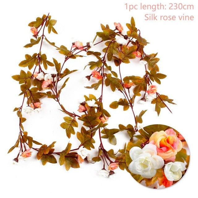 FENGRISE 2.4M/lot Silk Rose Flower With Ivy Vine Artificial Flowers for Home Wedding Decor Decorative Artificial Flower Garland