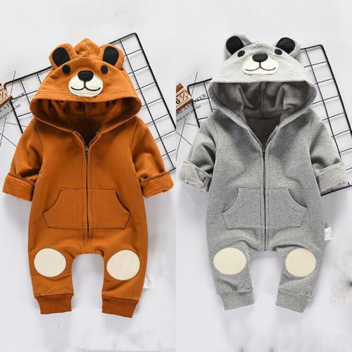 Cute Bear Newborn Infant Baby Boy Girl Kid Ear Hooded Romper Zipper Cartoon Patchwork Jumpsuit Clothes Outfit For 0-24M