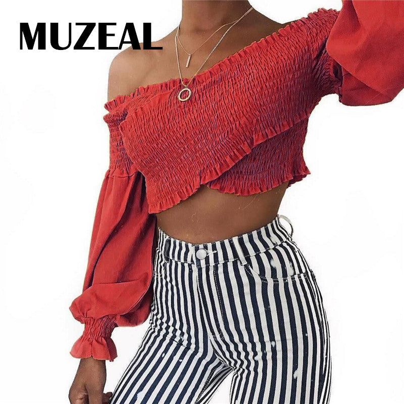 MUZEAL Sexy Ruffle off shoulder Strapless Crop top tees Long Sleeve Fashion female Streetwear elastic Bandage Chest Shirt 541