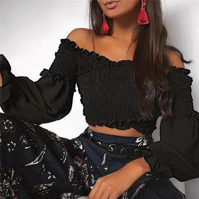 MUZEAL Sexy Ruffle off shoulder Strapless Crop top tees Long Sleeve Fashion female Streetwear elastic Bandage Chest Shirt 541
