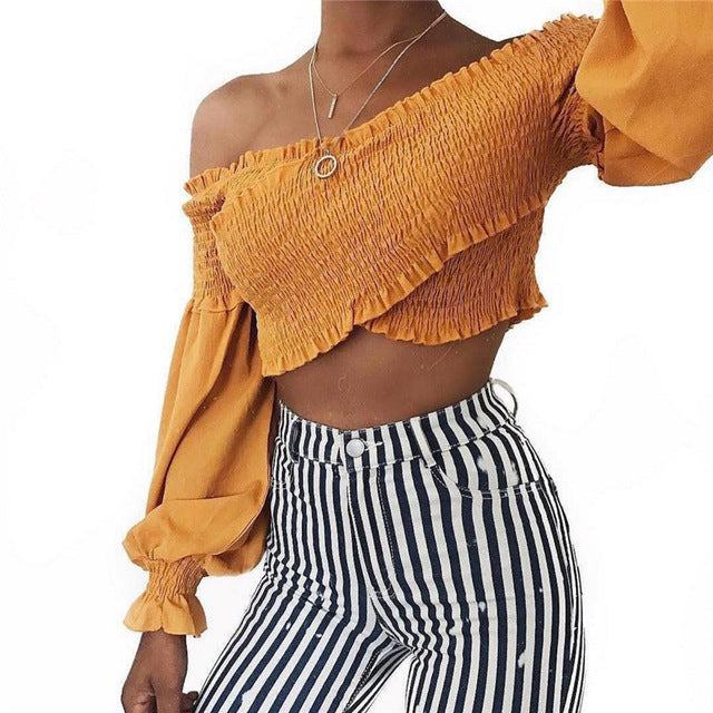 MUZEAL Sexy Ruffle off shoulder Strapless Crop top tees Long Sleeve Fashion female Streetwear elastic Bandage Chest Shirt 541