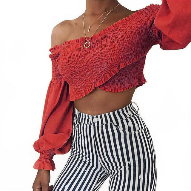 MUZEAL Sexy Ruffle off shoulder Strapless Crop top tees Long Sleeve Fashion female Streetwear elastic Bandage Chest Shirt 541